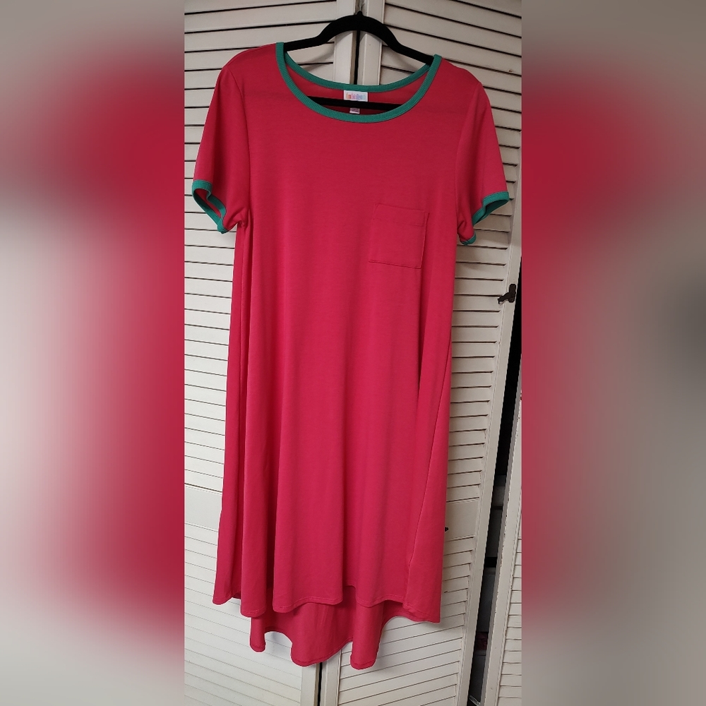 LuLaRoe S Red Carly with Green Trim